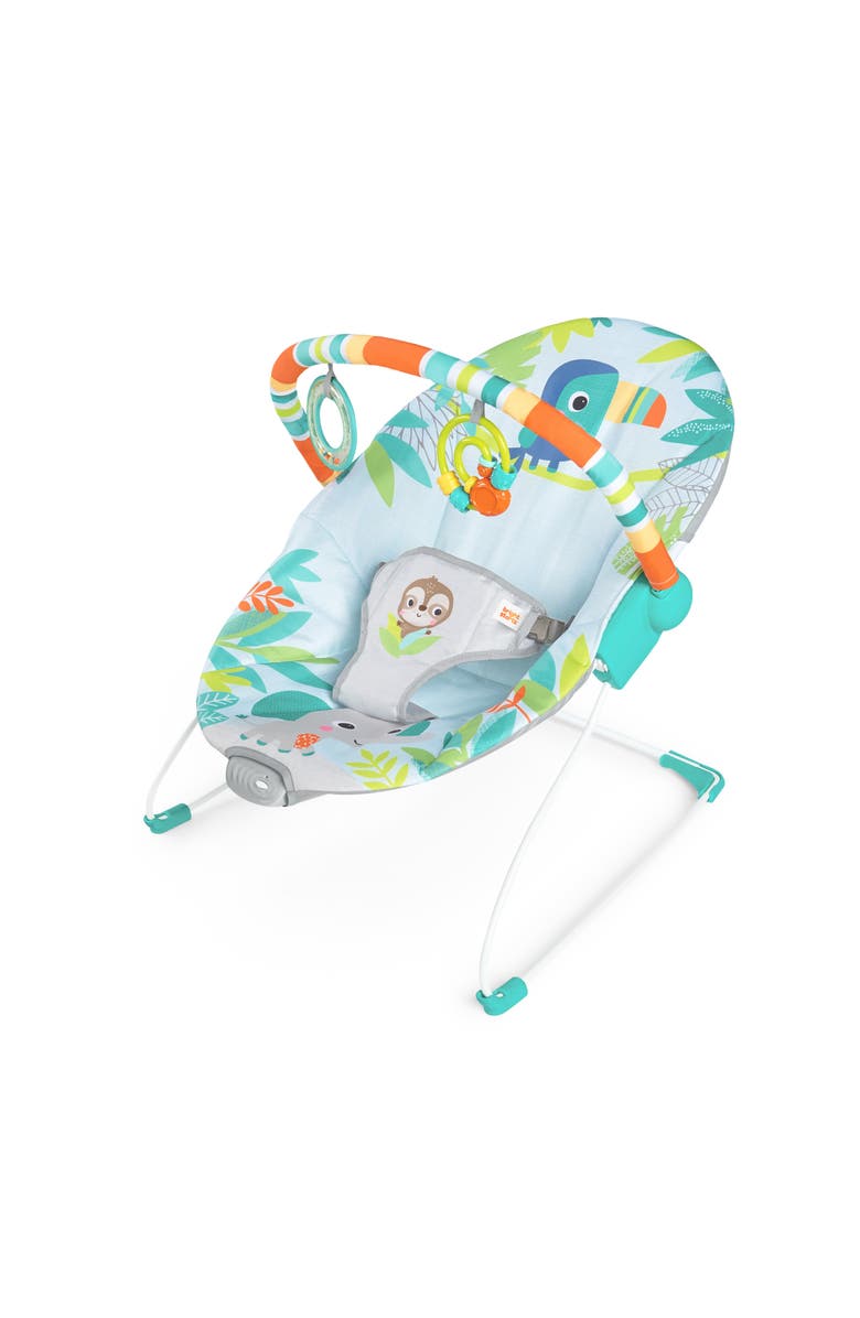 BRIGHT STARTS Rainforest Vibes Vibrating Bouncer with Toy Bar, Main, color, Blue