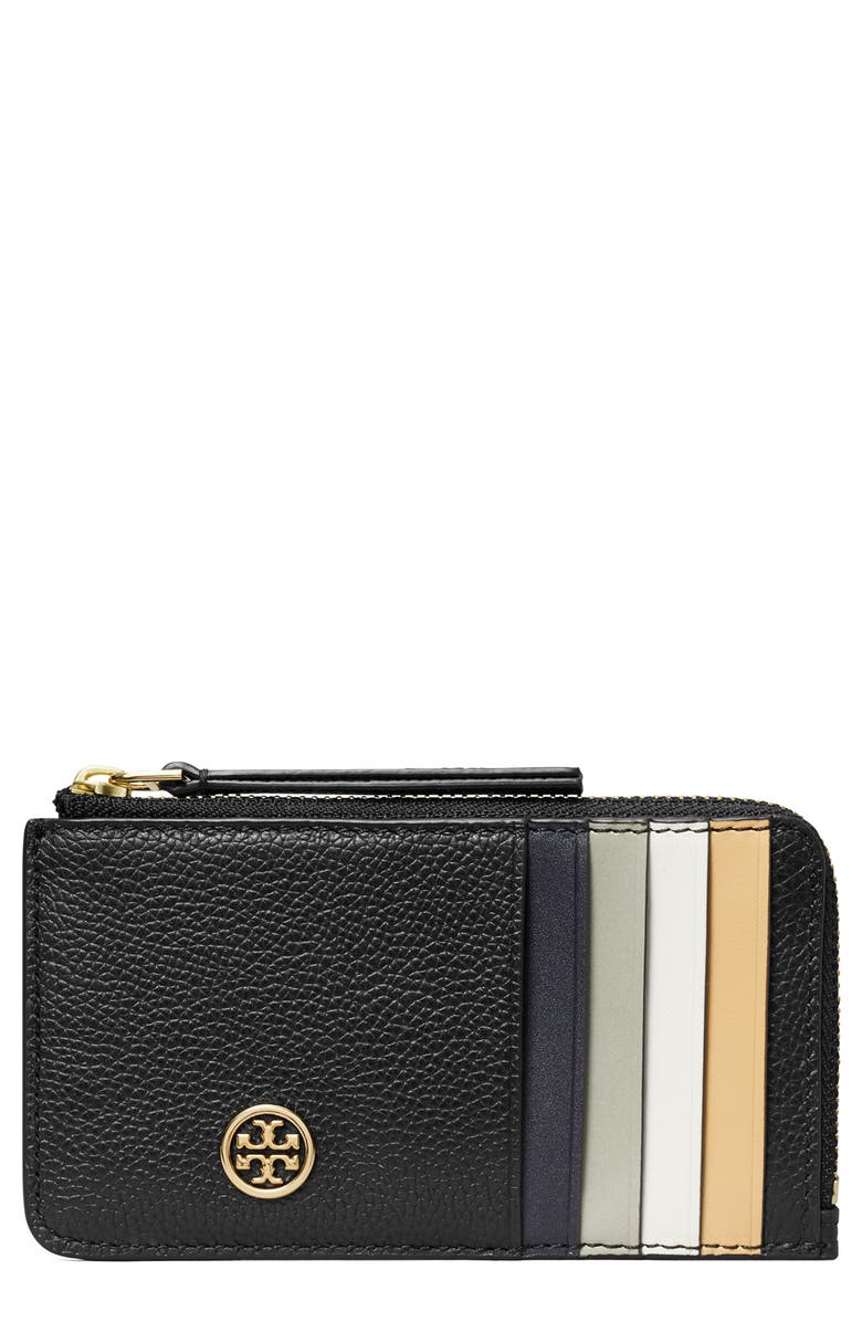 Tory Burch Robinson Pebble Leather Card Case, Main, color, Black