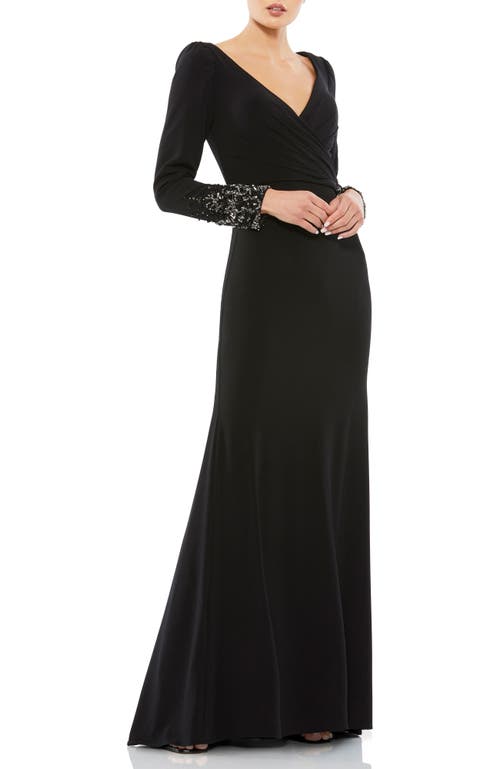 Mac Duggal Beaded Cuff Long Sleeve Wrap Front Gown In Black
