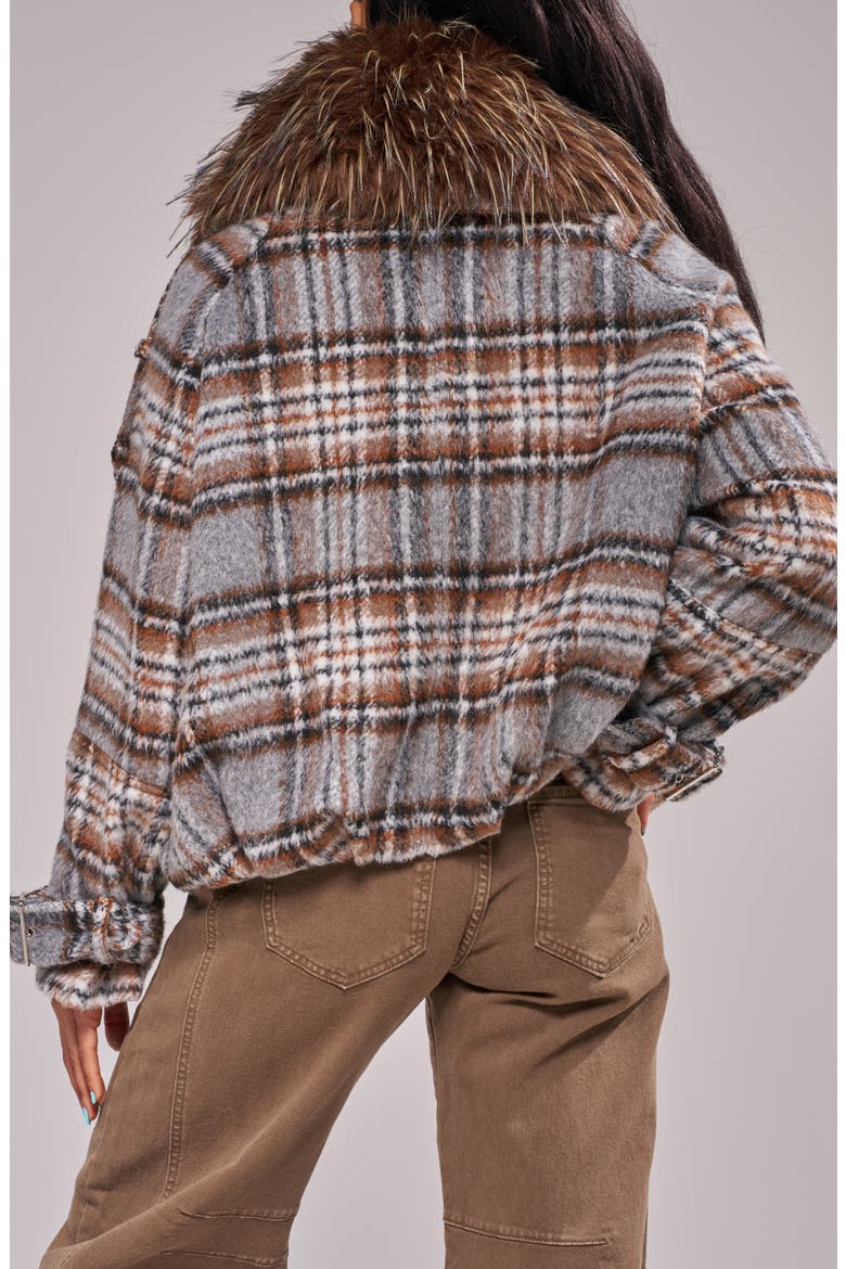 Linnea Plaid Bomber Jacket with Faux Fur Trim, Alternate, color, GREY MULTI
