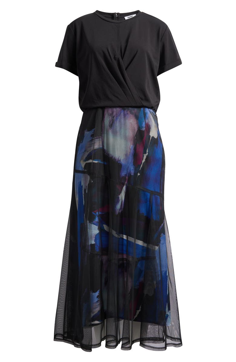 DKNY Print Skirt Mixed Media Dress, Alternate, color, Blue Brush