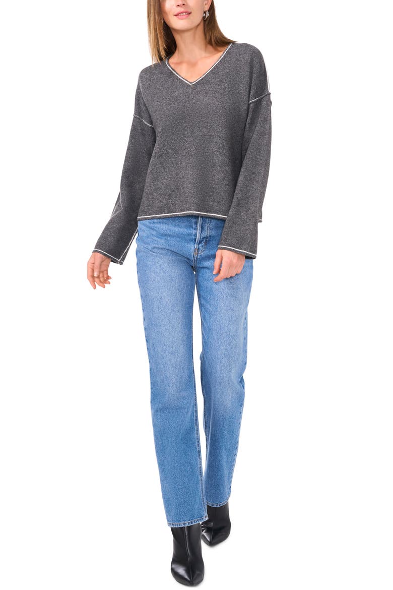 Contrast Detail V-Neck Sweater, Alternate, color, MED HTHRGREY