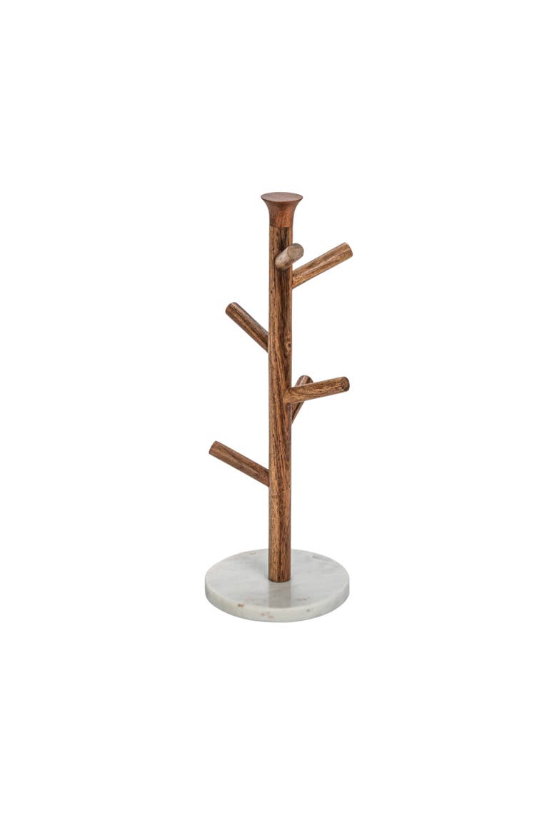 Tall Mango Wood and Marble Mug Rack, Natural and White, Main, color, Natural
