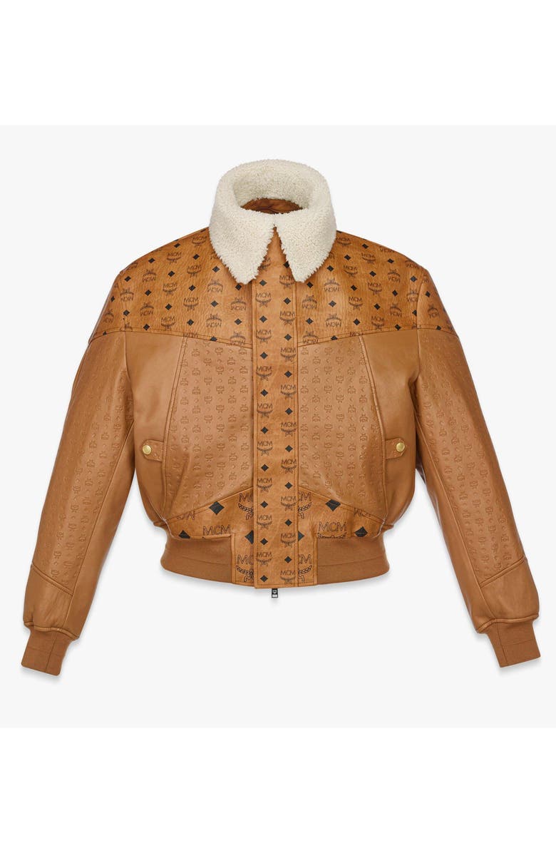 MCM Shearling Bomber Jacket in Visetos Leather Mix, Main, color, Cognac