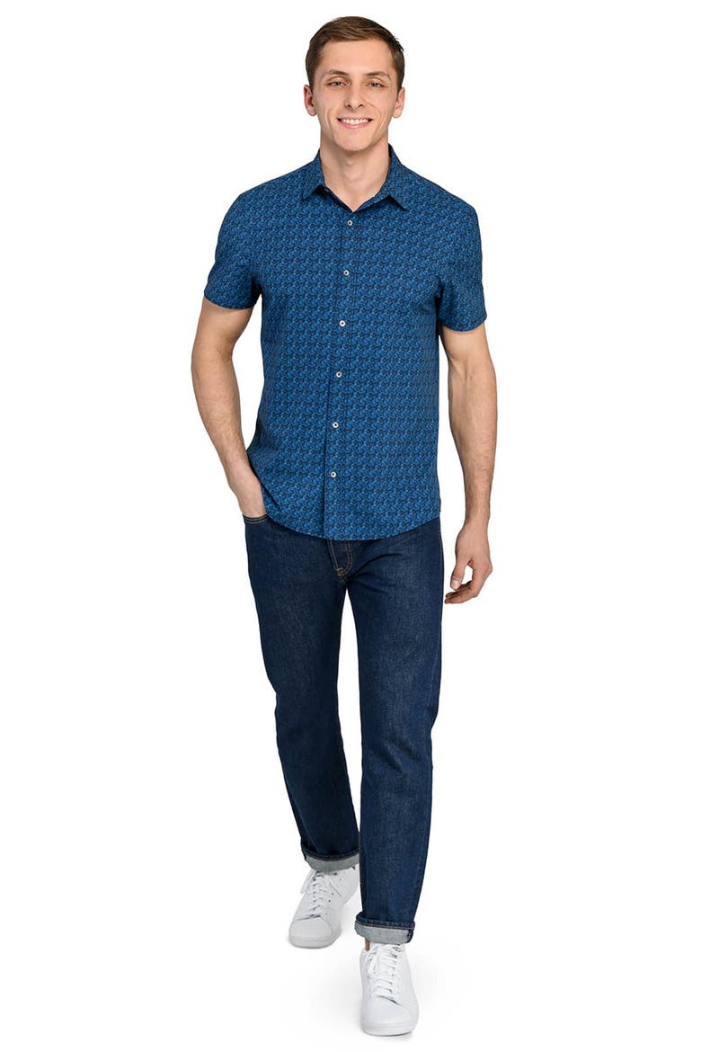 Basic Slim Fit Abstract Blur Short Sleeve Performance Button-Up Shirt, Alternate, color, BLUE