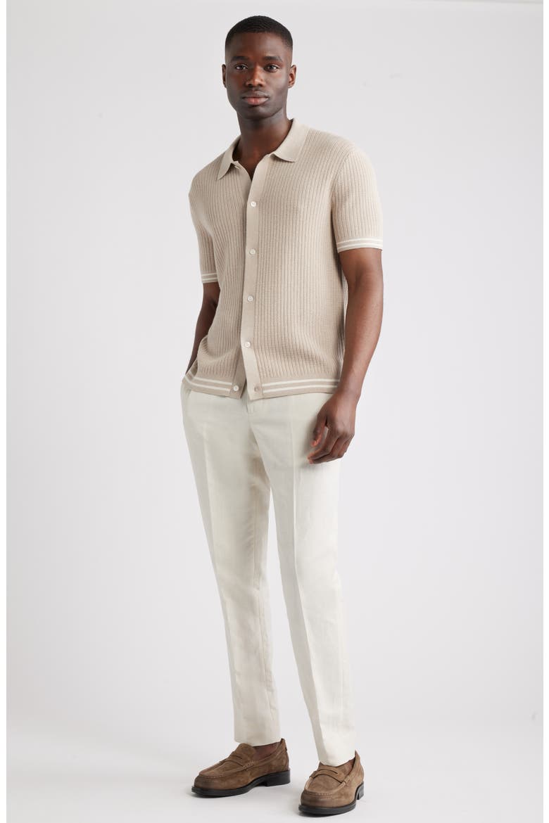Short Sleeve Ribbed Cotton & Silk Cardigan, Alternate, color, BEIGE OAK HEATHER