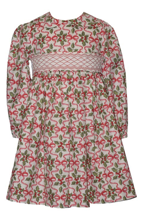 Kids' Holly Long Sleeve Smocked Cotton Party Dress (Toddler & Little Kid)