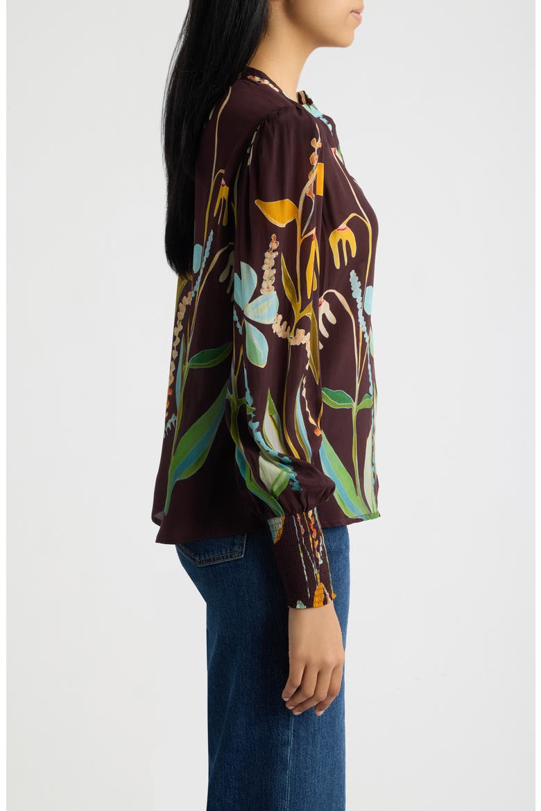Print Split Neck Top with Smocked Cuffs, Alternate, color, ESPRESSO MULTI