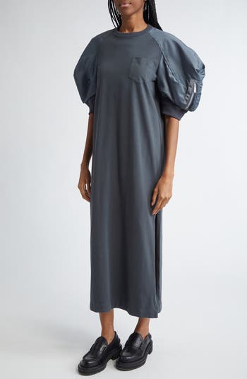 Puff Sleeve Cotton Jersey & Nylon Twill Dress