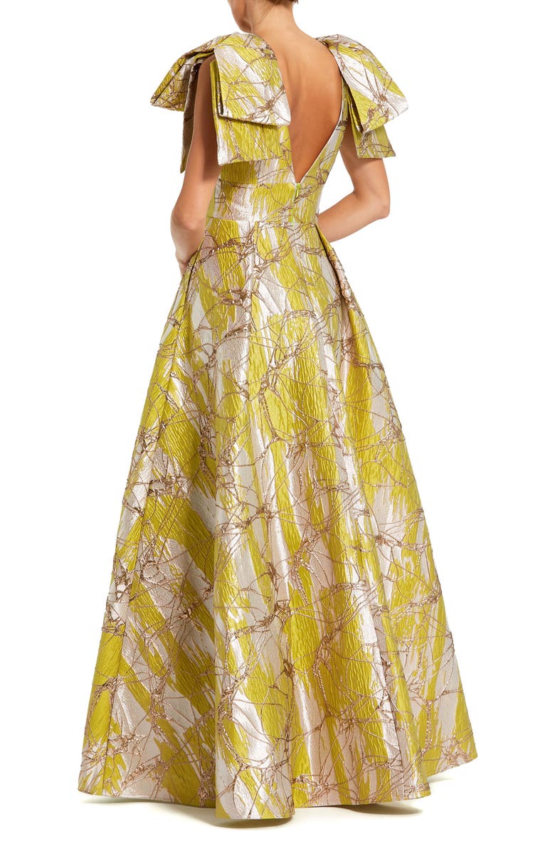 Mac Duggal Layered Shoulder Metallic Jacquard A-Line Gown, Alternate, color, Lime