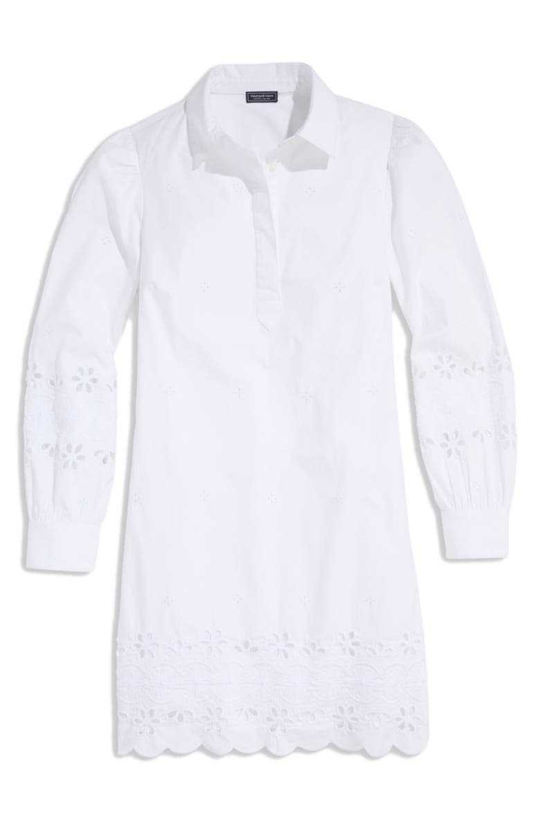vineyard vines Eyelet Long Sleeve Stretch Cotton Popover Shirtdress, Main, color, White Cap