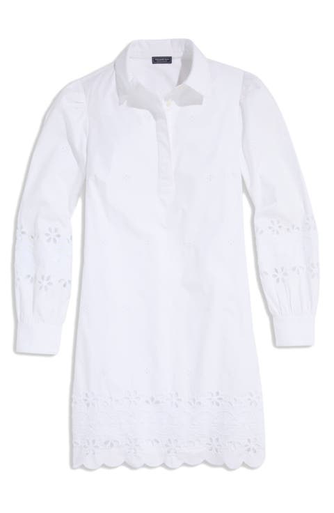 Eyelet Long Sleeve Stretch Cotton Popover Shirtdress