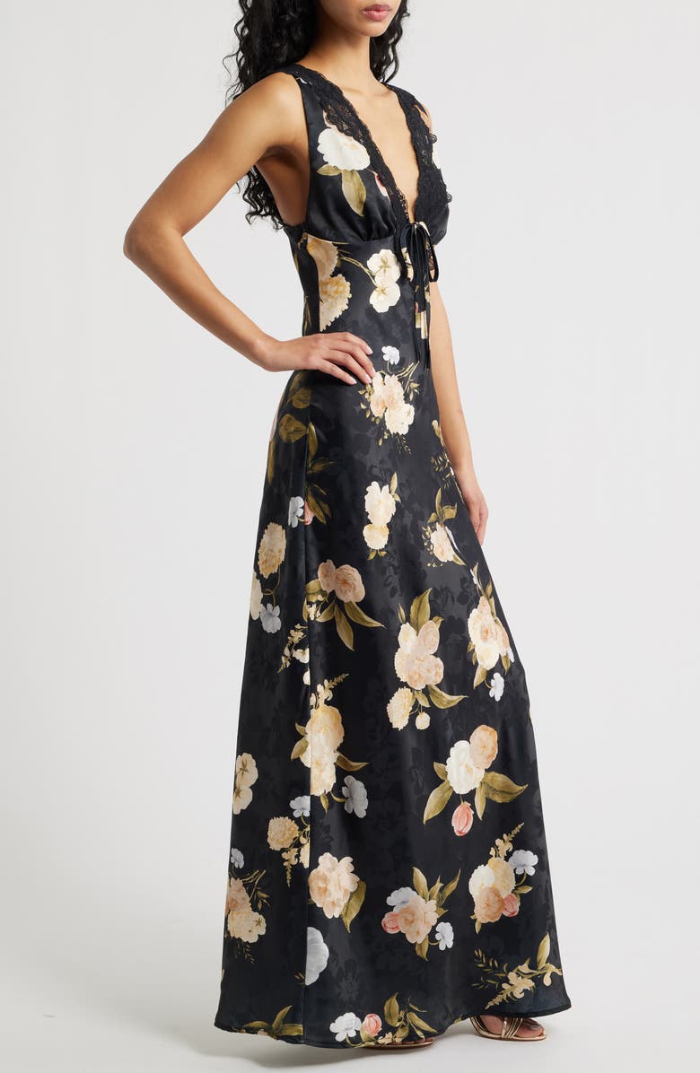 Lulus Judith Floral Jacquard Satin Slipdress, Alternate, color, Black Floral