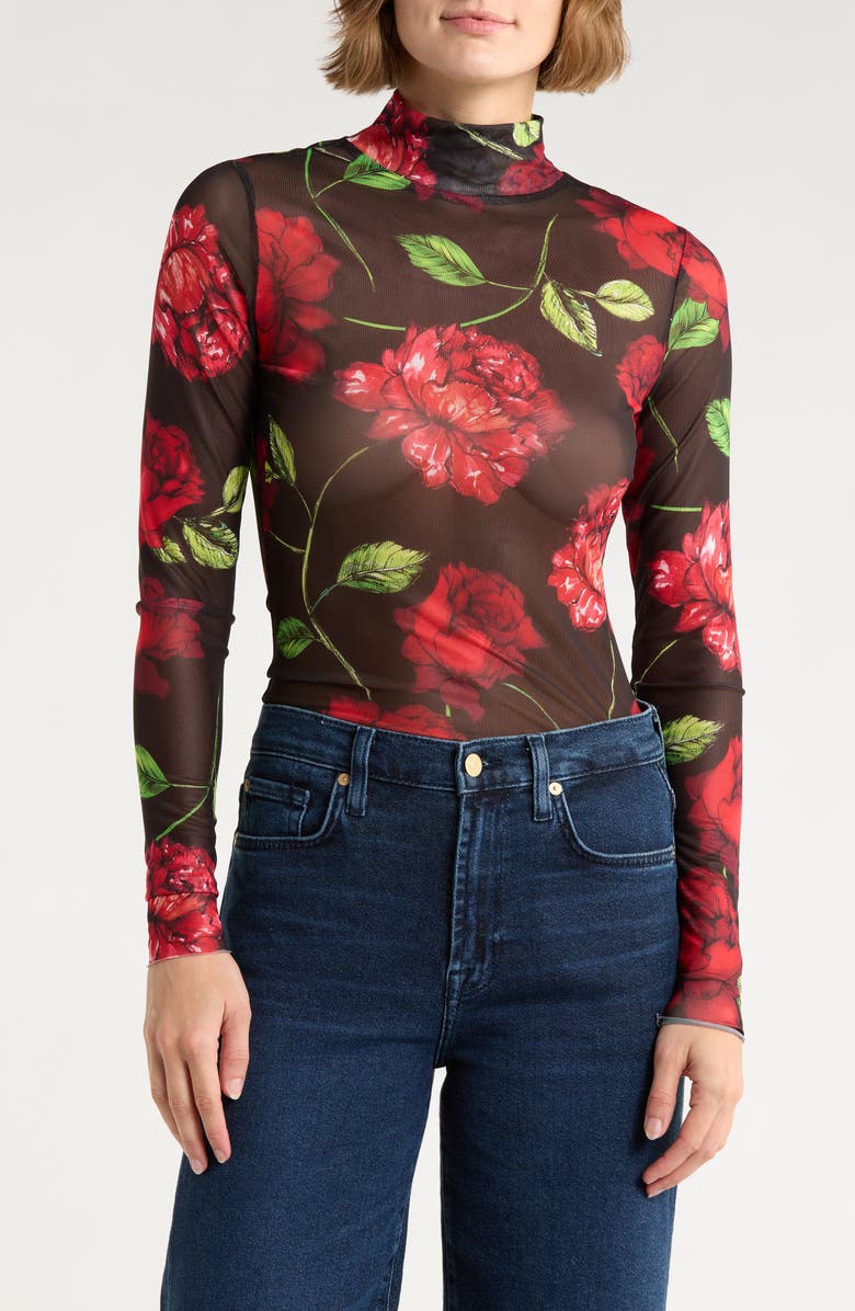 AFRM LOS ANGELES Zoe Mock Neck Mesh Top, Alternate, color, Noir Red Roses