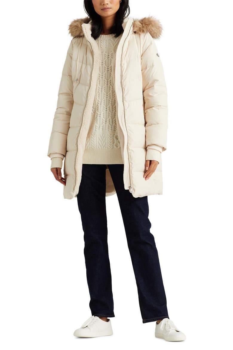 Faux Shearling & Faux Fur Trim Hooded Down Puffer Coat, Alternate, color, MODA CREAM