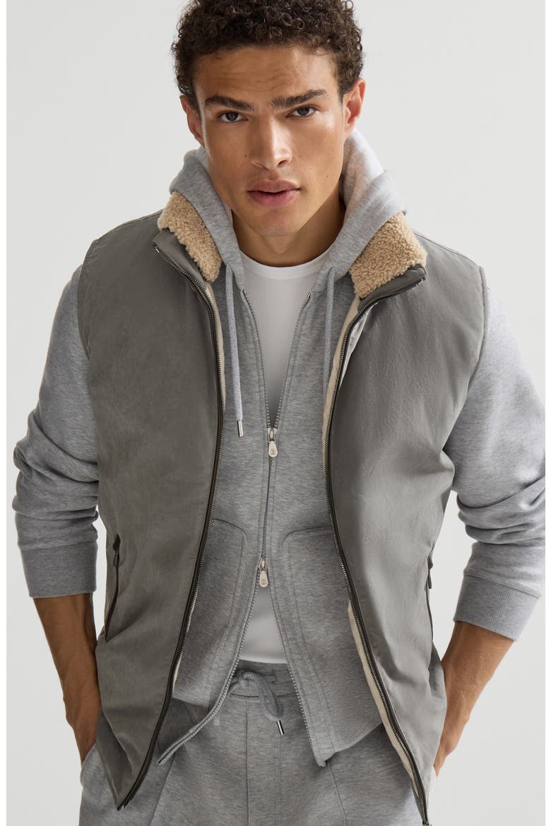 Waxed techno cotton down vest with detachable hood, Alternate, color, Grey