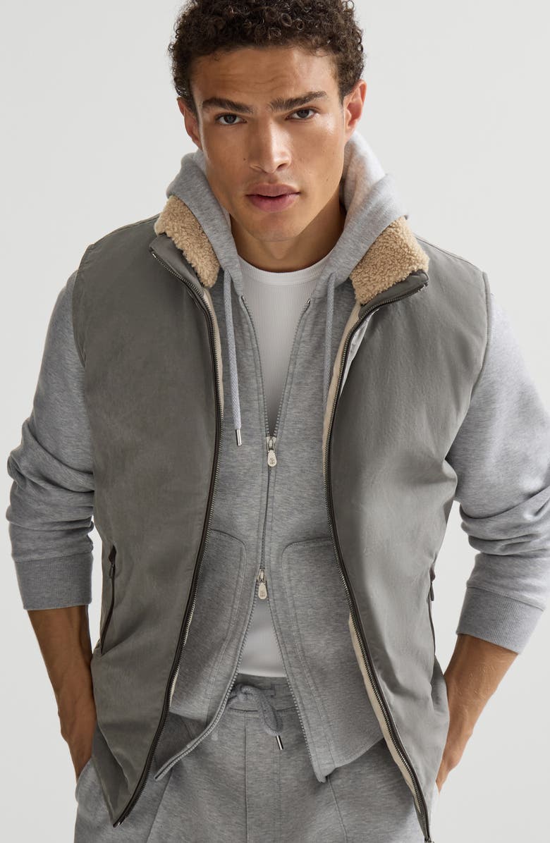 Brunello Cucinelli Waxed techno cotton down vest with detachable hood, Alternate, color, Grey