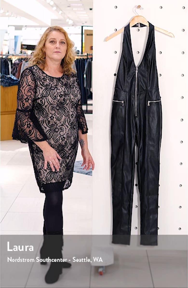 Plunge Neck Open Back Faux Leather Jumpsuit, sales video thumbnail