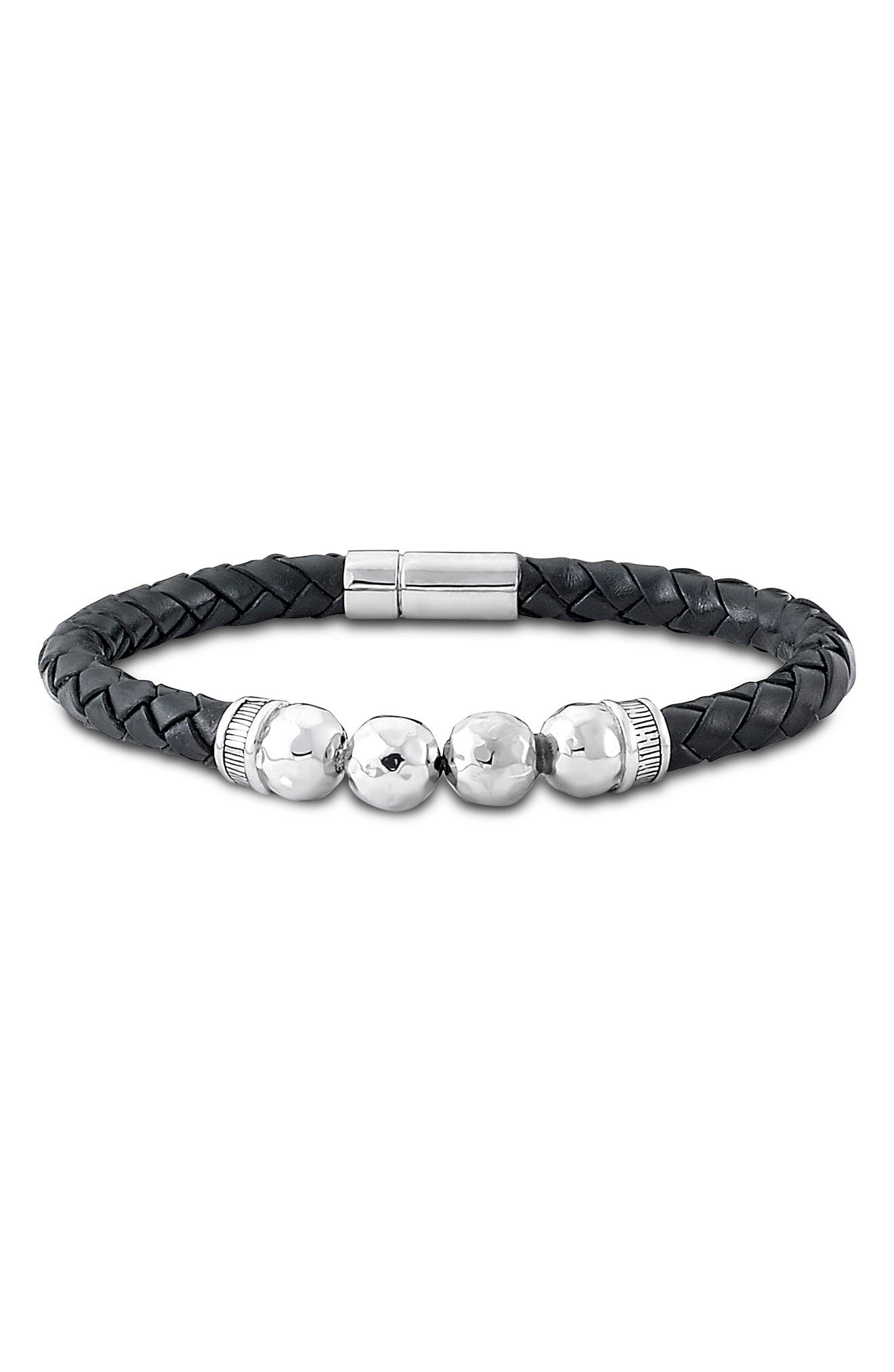 SAMUEL B. Sterling Silver and Black Leather Chain Bracelet