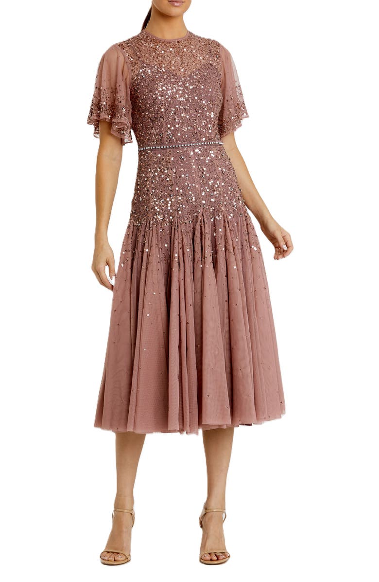 Mac Duggal Cape Sleeve Beaded Tea Length A-line Dress, Main, color, Rosewood