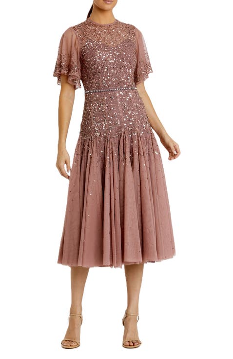 Cape Sleeve Beaded Tea Length A-line Dress