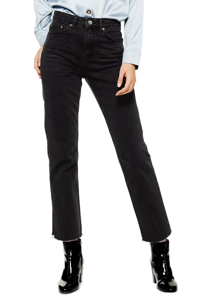High Waist Split Hem Straight Leg Jeans, Main, color, WASHED BLACK