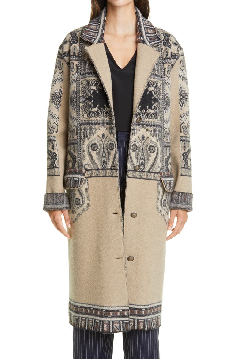 Print Wool Three-Quarter Coat, Main, color, BEIGE