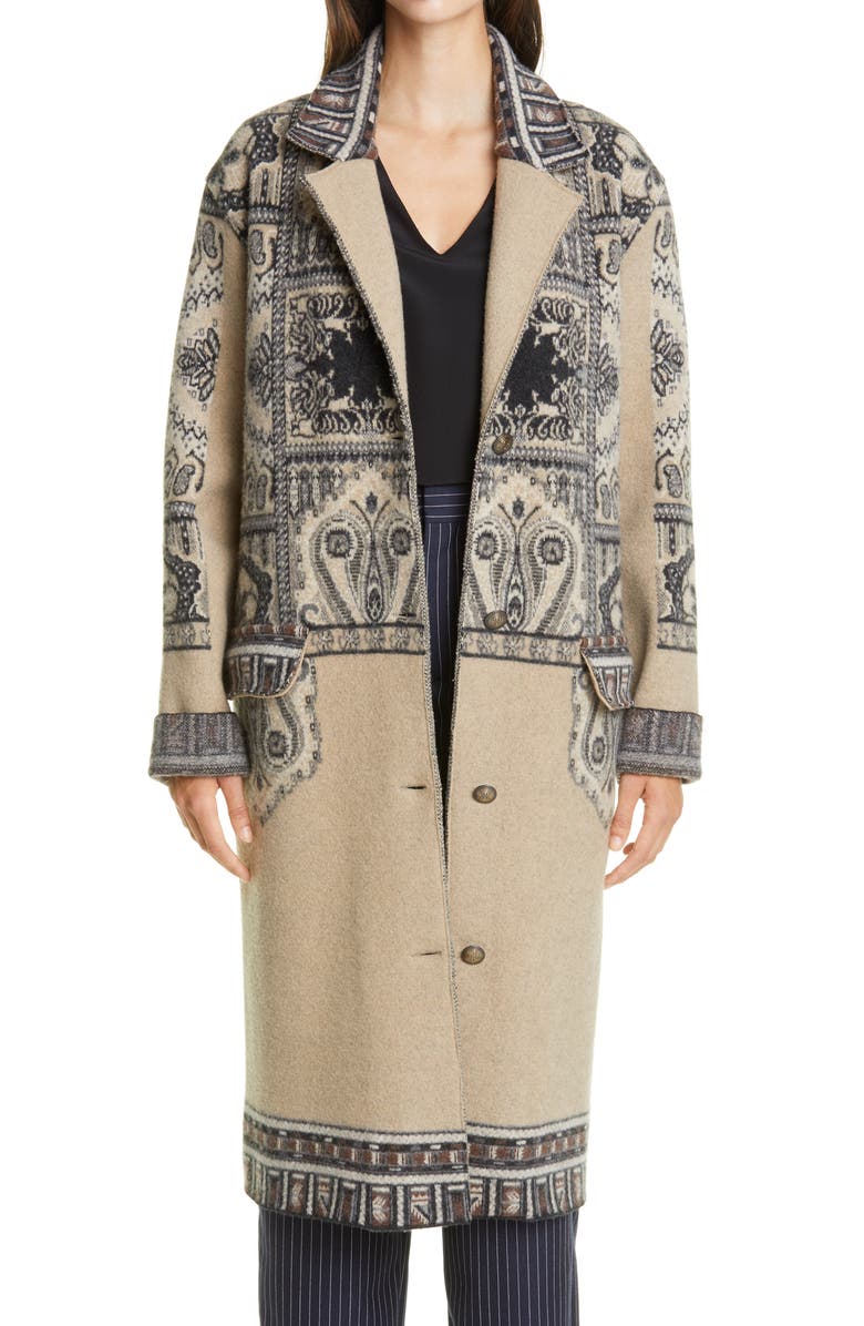 Etro Print Wool Three-Quarter Coat, Main, color, 