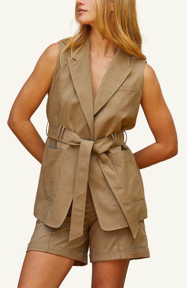 CRESCENT Belted Sleeveless Blazer, Main, color, Taupe