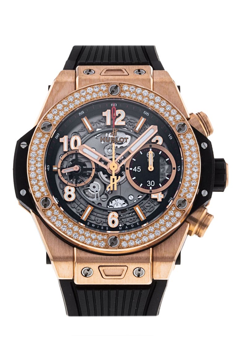 Hublot Preowned Big Bang Diamond Chronograph Rubber Strap Watch, 42mm, Main, color, BLACK/GREY