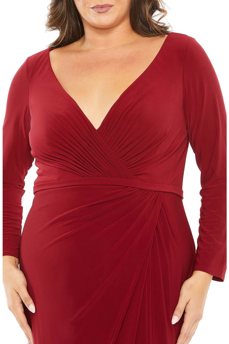 Long Sleeve V-Neck Faux Wrap Gown, Alternate, color, BURGUNDY