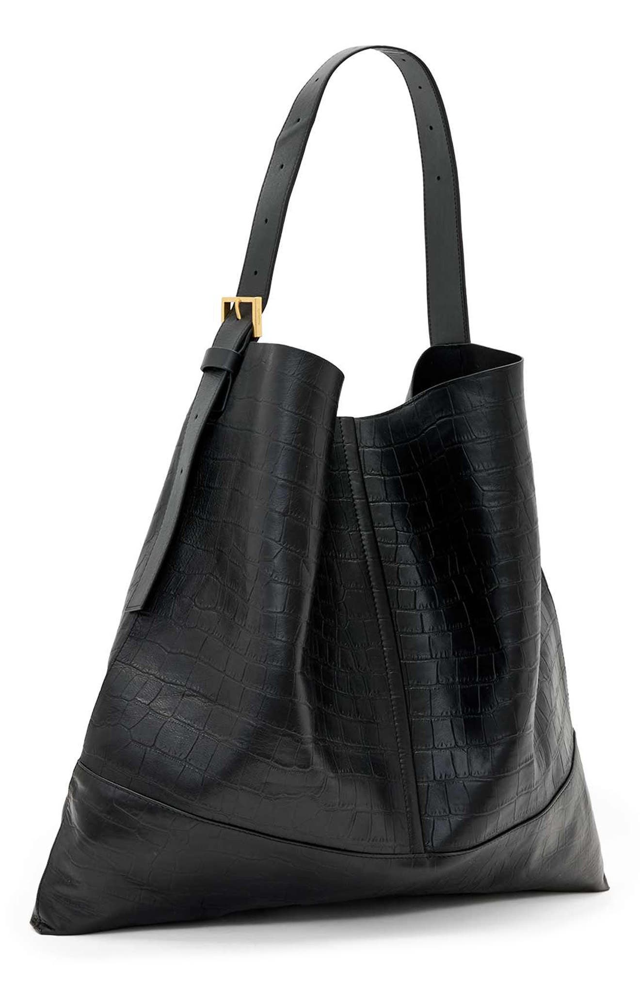 Asha Croc Embossed Leather Shoulder Bag, Alternate, color, BLACK