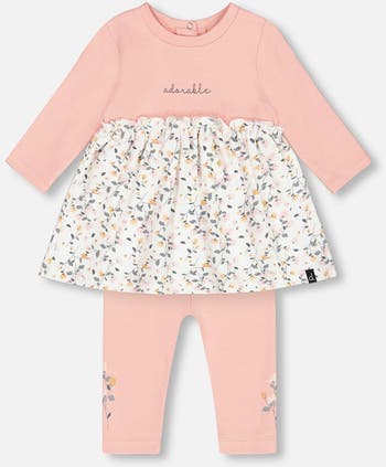Deux Par Deux Organic Cotton Long Tunic And Leggings Set - Pink printed Little Flowers