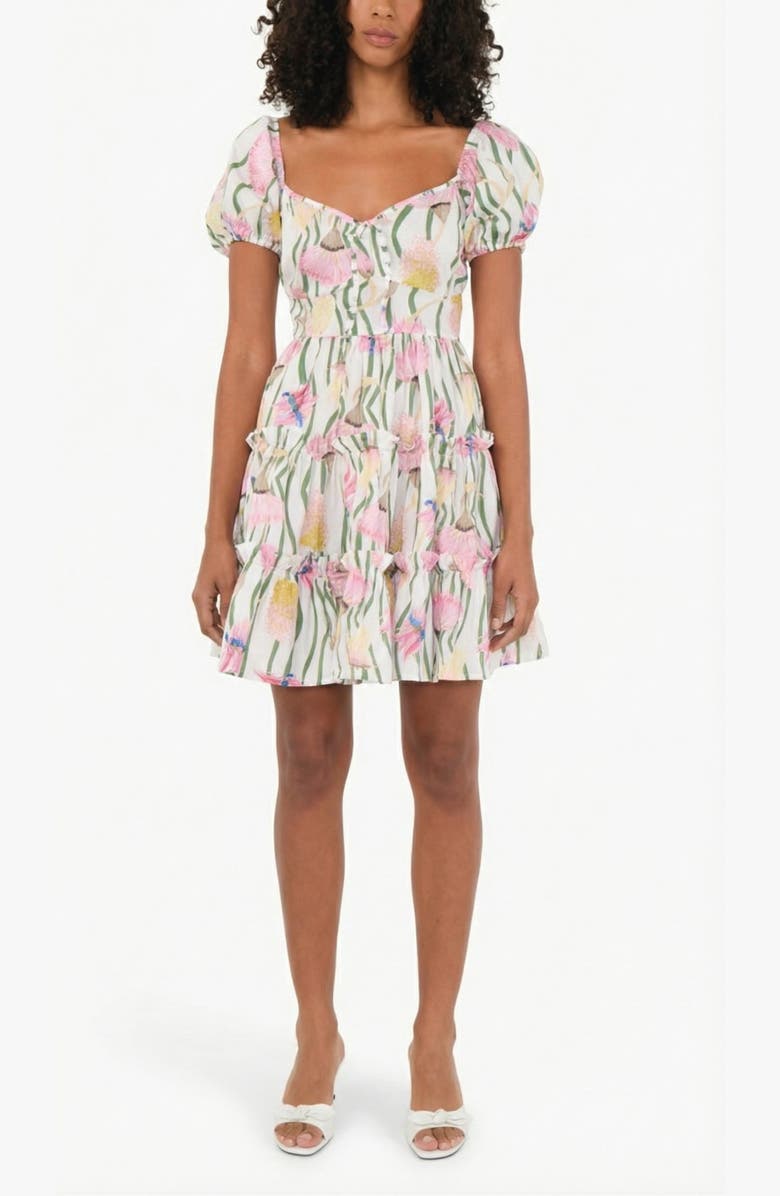 The Lulo Project Bloom Puff Sleeve Tiered Stretch Cotton Minidress, Main, color, Aussie Desert Flowers