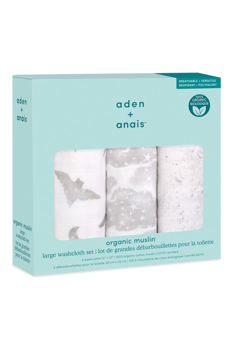 3-Pack Assorted Organic Cotton Muslin Washcloths, Main, color, MAP THE STARS GREY