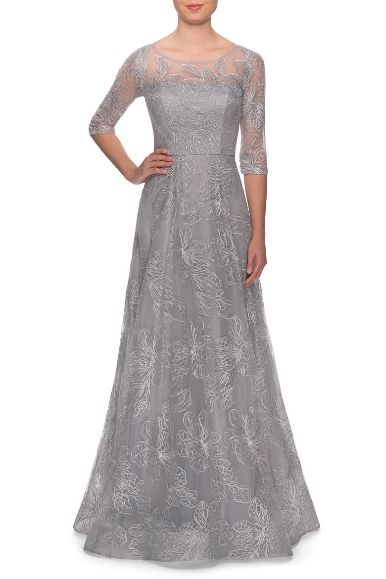 Sequin Embroidered A-Line Gown, Main, color, SILVER