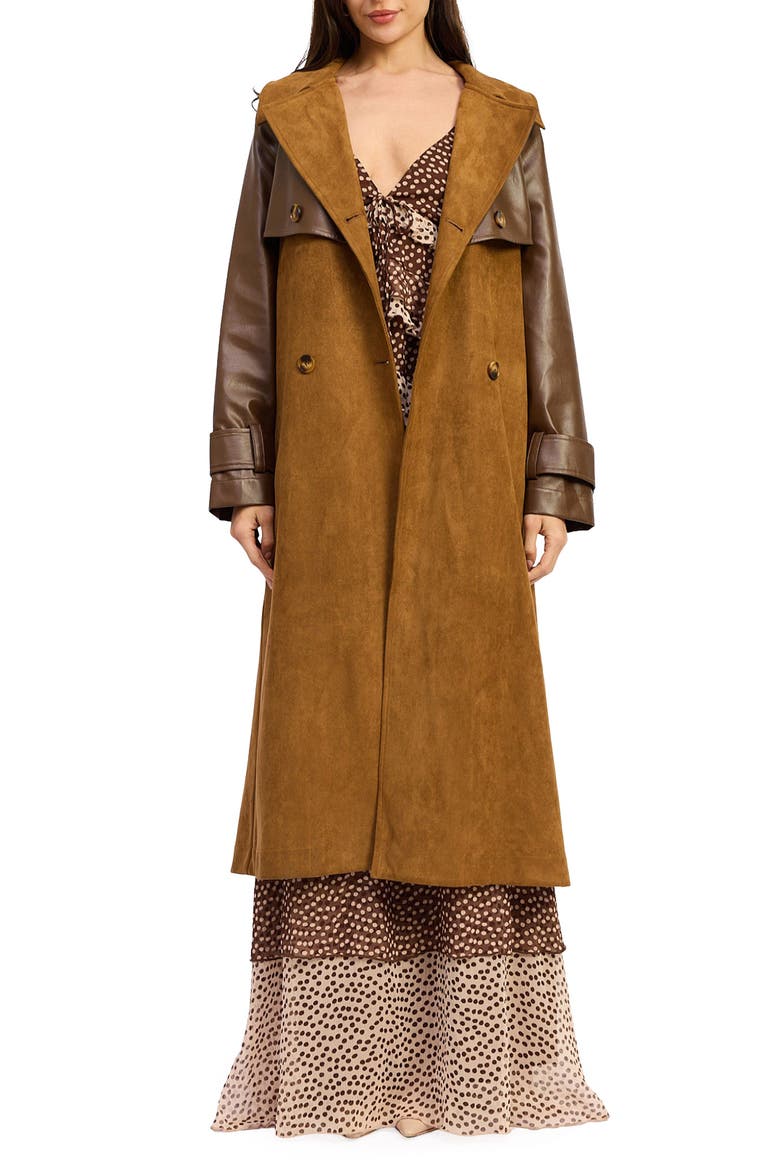 Yumi Faux Leather Trim Trench Coat, Main, color, BROWN