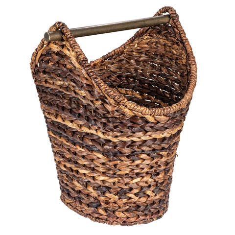 Boho Oval Braided Bankuan Bathroom Tissue/Toilet Paper Basket with Wood Handle, Brown