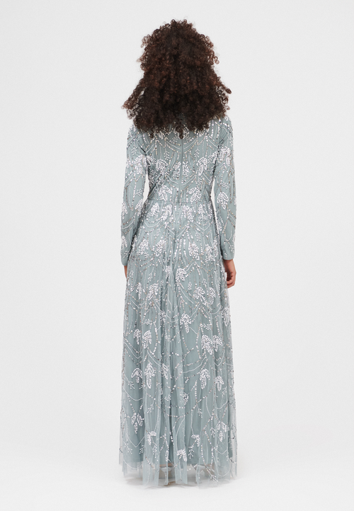 Maryisa Embellished Sequin Beaded Floral A Line Maxi Dress In Misty Grey