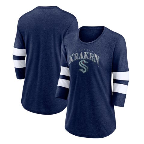 Women's Fanatics Branded Heather Deep Sea Blue Seattle Kraken Special Edition 2.0 Barn Burner 3/4 Sleeve T-Shirt