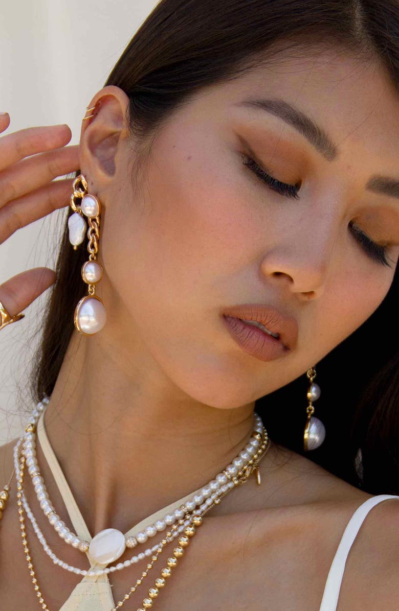 Ettika Imitation Pearl Drop Earrings, Alternate, color, Gold