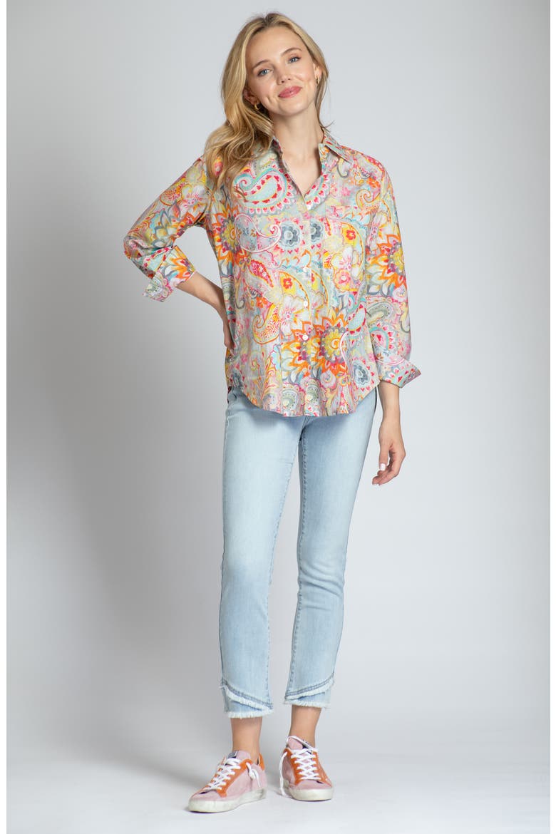 Oversize Feather Print Button-Up Shirt, Alternate, color, ORANGE MULTI