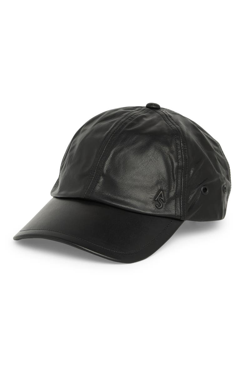 Glazed Leather Baseball Cap, Main, color, BLACK