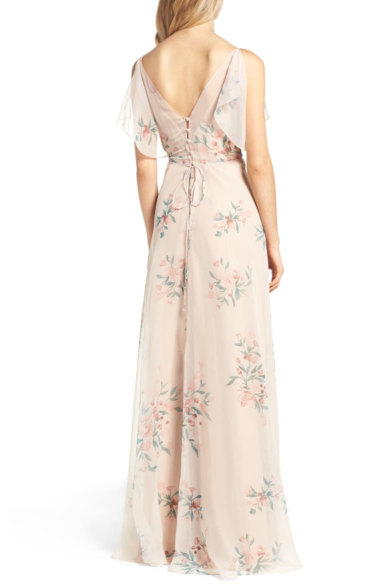 Cassie Flutter Sleeve Surplice Gown, Alternate, color, BLUSH CHAI