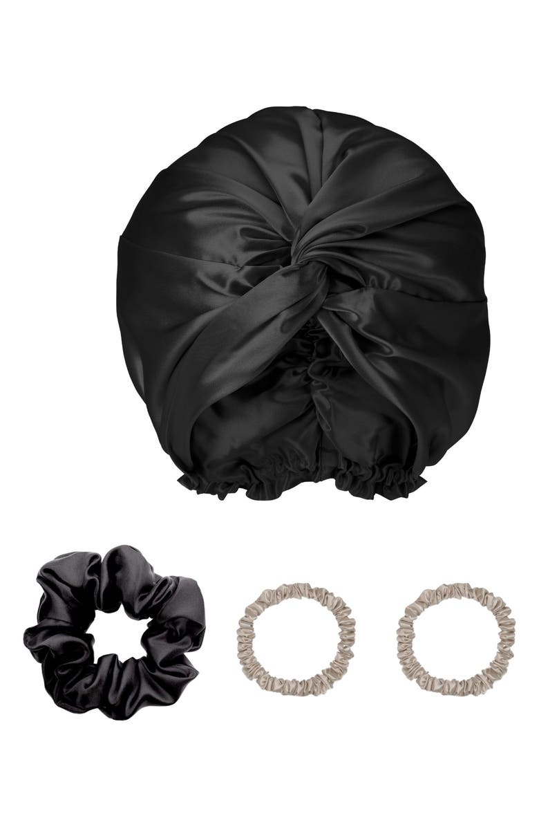 BLISSY 4- Piece Silk Hair Bonnet & Scrunchies Set, Main, color,