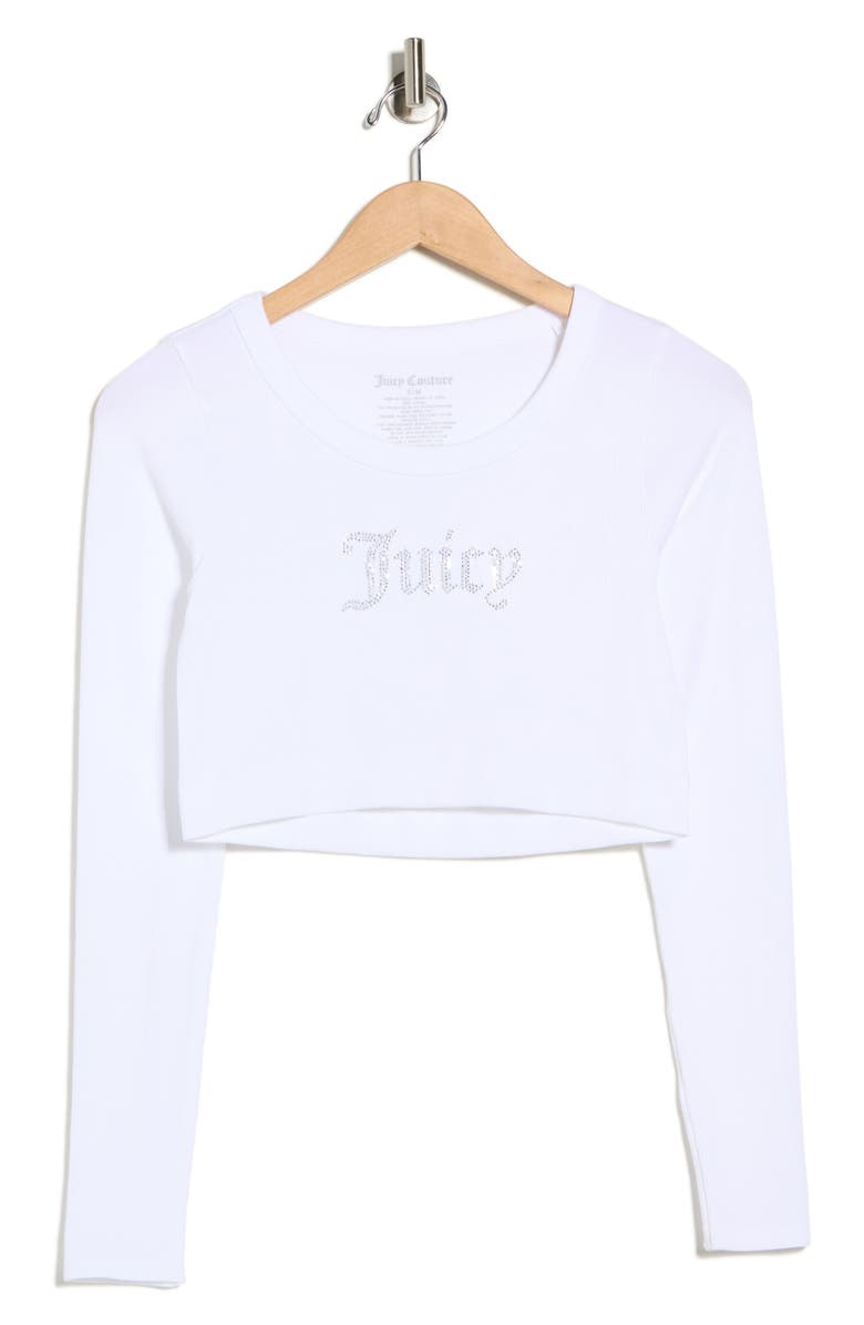 Juicy Couture Rhinestone Embellished Logo Long Sleeve Crop T-Shirt, Alternate, color, White