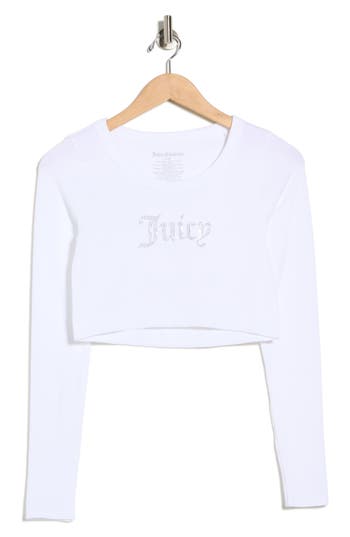 Juicy Couture Rhinestone Embellished Logo Long Sleeve Crop T-shirt In White