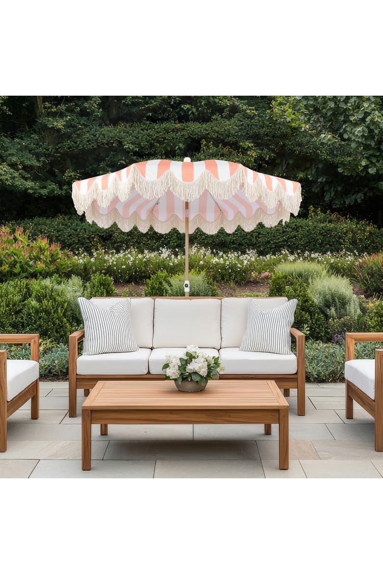 Mariner Coastal Round Outdoor Beach Umbrella with Fringe Trim, Push-Button Tilt, UV 50 Canopy and Wood-Finish Pole, Alternate, color, Coral Pink - Light Brown Pole