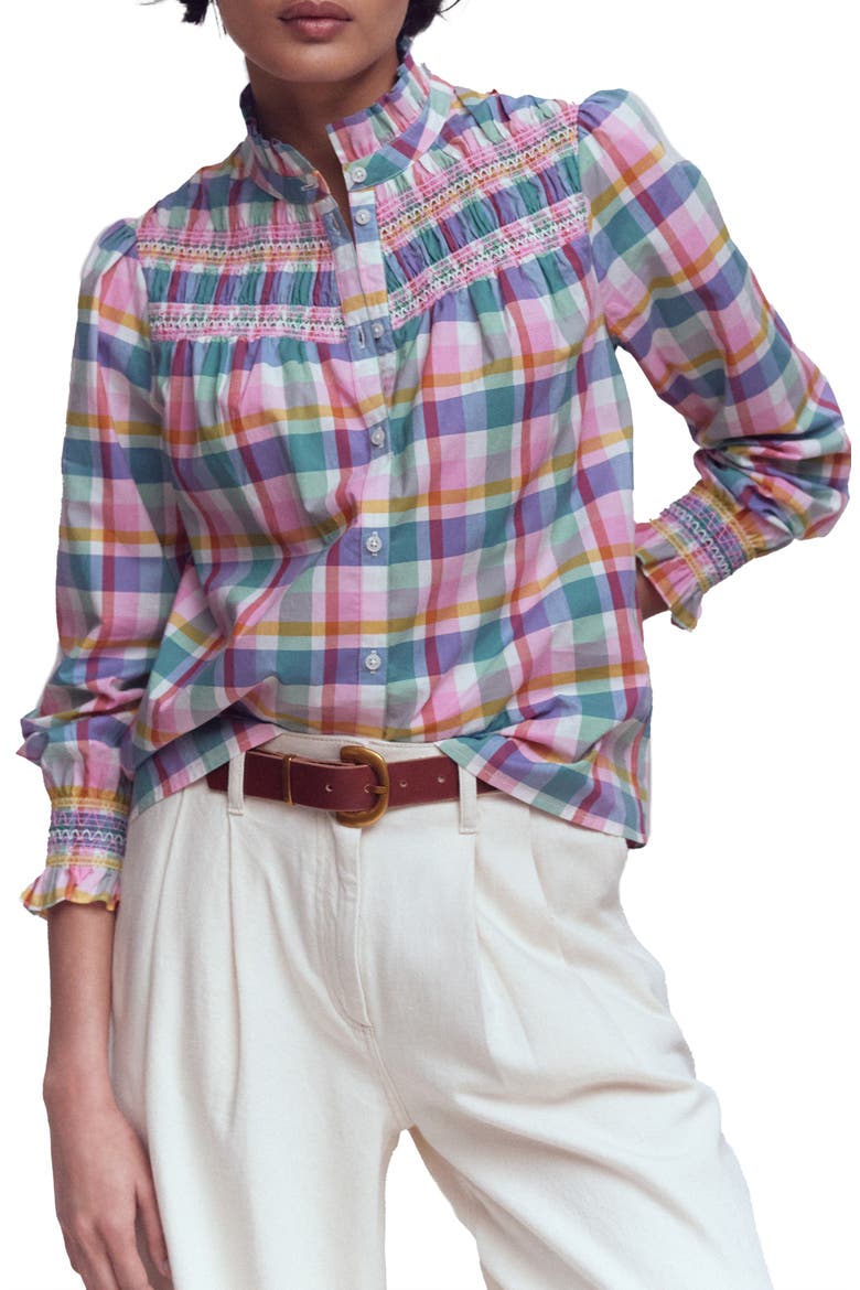 Esme Check Smock Detail Cotton Button-Up Shirt, Main, color, MULTI CHECK