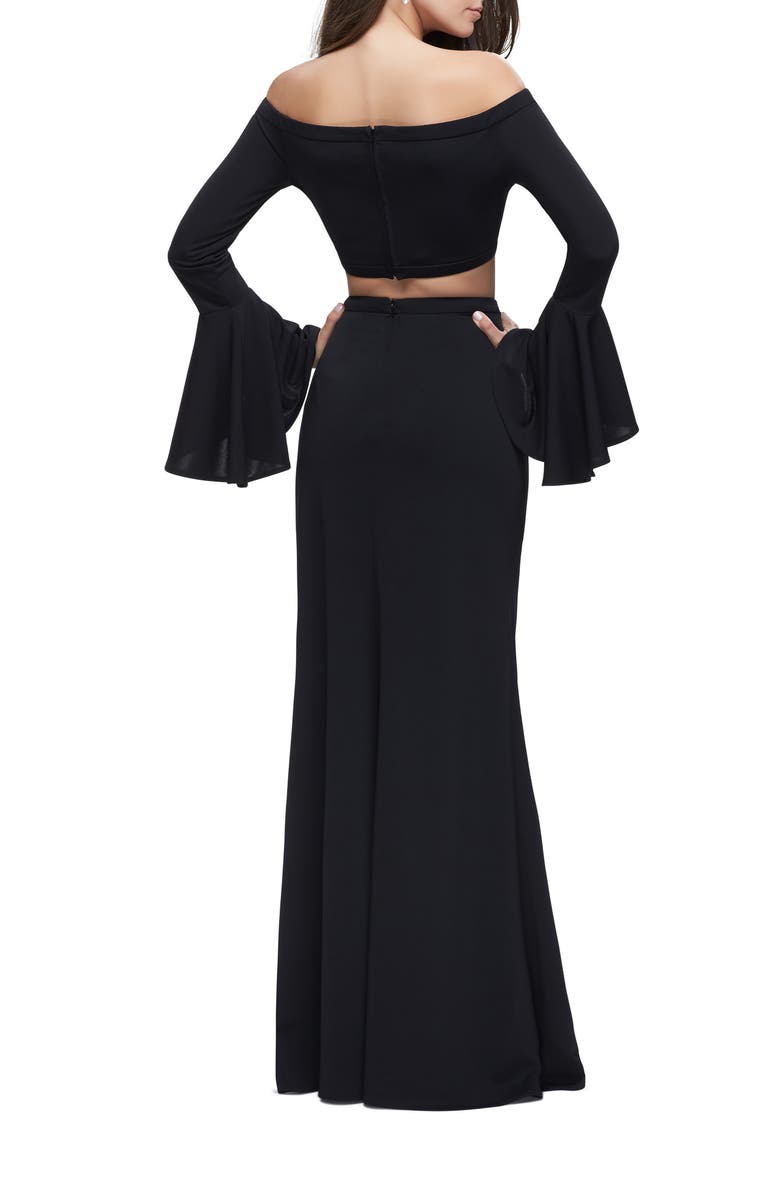 La Femme Off the Shoulder Two Piece Dress with Flared Sleeves, Alternate, color, Black
